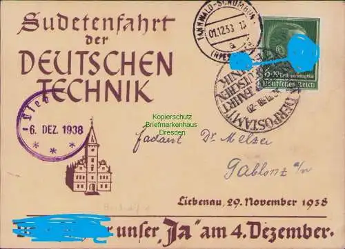 B21328 Gedenkblatt Sudetenfahrt der Deutschen Technik SST 1938 Liebenau seltener