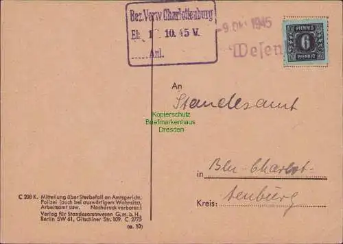 B21372 Postkarte SBZ MVP 8x Notstempel Wesenberg Okt. 1945 Standesamt Sterbefall
