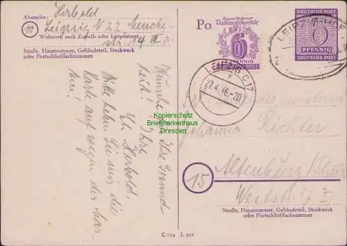 B21387 Postkarte Westsachsen Ganzsache Bahnpost Leipzig Hof 1946 nach Altenburg
