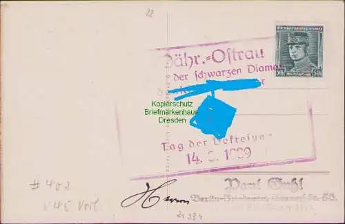 B21334 Postkarte AK Mährisch Ostrau 1939 Tag des Dankes verschiedene Stempel rot