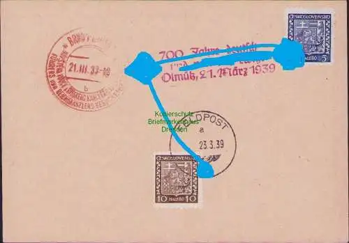 B21338 Postkarte Brünn 1939 Besuch F. Stempel rot + Feldpost a Tschechoslowakei