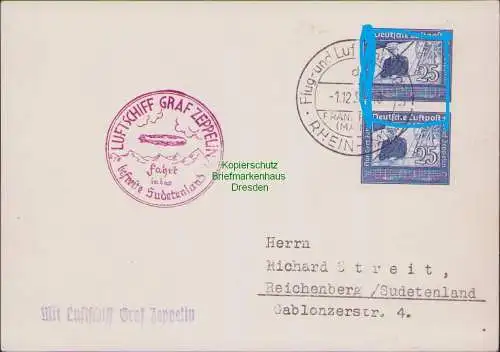 B21329 Postkarte Frankfurt a. Main 1938 Zeppelin Fahrt in Sudetenland roter Bes