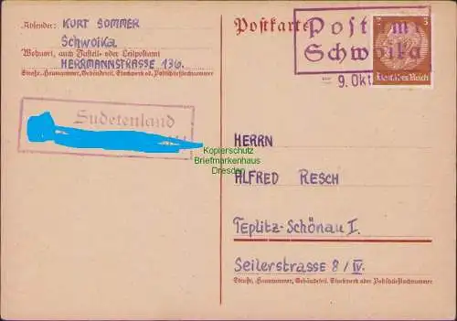 B21314 Postkarte Postamt Schwoika 1938  Befreiungsstempel Sudetenland