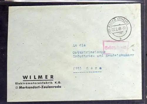 B221 SBZ Gebühr bezahlt 1946 Auma Wilmer Elektromotorenfabrik Merkendorf Zeulenr