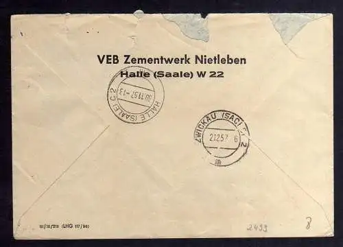 B2493 Brief DDR ZKD 15 8000 1957 VEB Zementzwerk Nietleben Halle Saale W 22