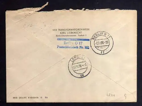 B2241 DDR ZKD 2x 6 Brief Berlin O17 VEB Transfomatorenwerk Karl Liebknecht