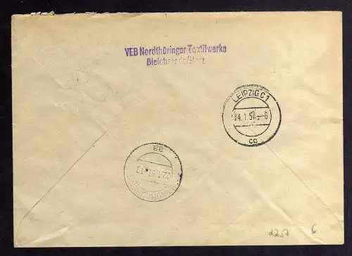 B2257 DDR ZKD 7 Brief VEB Nordthüringer Textilwerke Bleicherode Harz 1957
