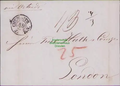 B21471 Vorphila Faltbrief Sachsen Chemnitz 2. Jun 1849 nach London 1 Monat vor