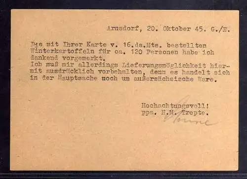 B216 SBZ Gebühr bezahlt 1945 Arnsdorf Sachsen Notstempel Trepte Kohlenhandel Leb