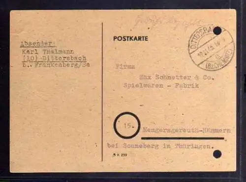B320 Postkarte SBZ Gebühr bezahlt 1945 Dittersbach Bz. Chemnitz