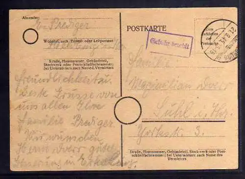 B459 SBZ Postkarte Gebühr bezahlt 1945 Heldburg