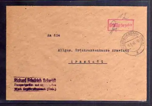 B424  SBZ Brief Gebühr bezahlt 1945 Großbreitenbach