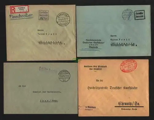 B4566 4 Briefe Gebühr bezahlt Aue Chemnitz Annaberg Einschreiben 1945