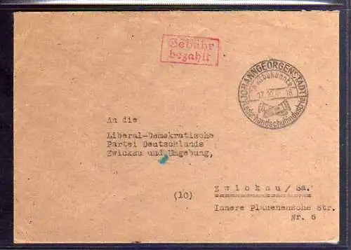 B491 SBZ Brief Gebühr bezahlt 1945 Johanngeorgenstadt