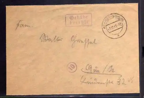 B516 SBZ Briefvorderseite Gebühr bezahlt 1945 Kohren-Sahlis