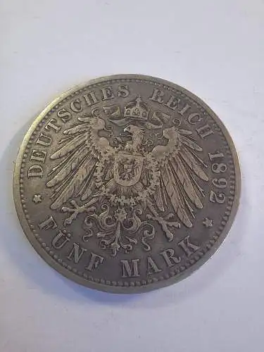 B50156 5 Mark Wilhelm II. von Preussen 1892 A Silber Kaiserreich