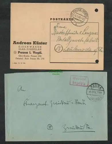 B5749 Gebühr bezahlt 1945 Brief Karte Pausa Vogtl. Eisenwaren Andreas Küster