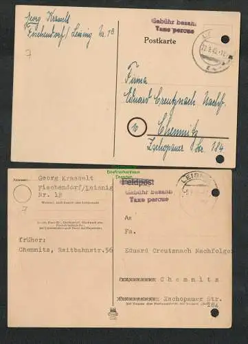 B5753 Gebühr bezahlt 1945 2x Postkarte Leisnig Taxe percue Fischendorf