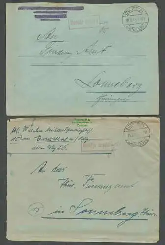 B5740 Gebühr bezahlt 1945 2x Brief Ernstthal am Rennsteig Lauscha an Finanzamt