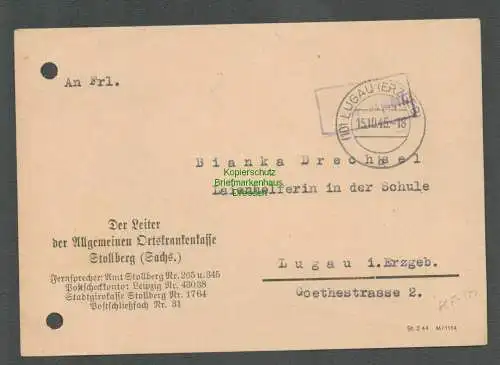 B5789 Gebühr bezahlt 1945 Postkarte Lugau Erzgeb. Ortskrankenkasse Stollberg