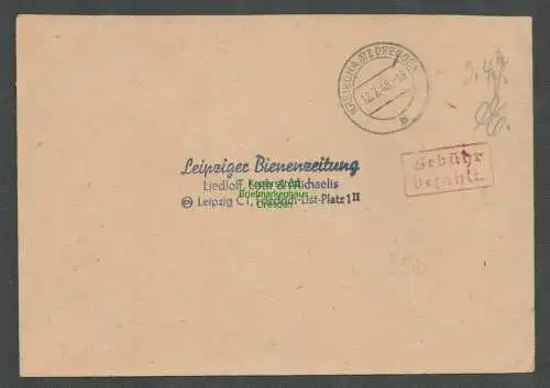B6291 Brief SBZ Gebühr bezahlt 1945 Kreischa Bz. Dresden Leipziger Bienenzeitung