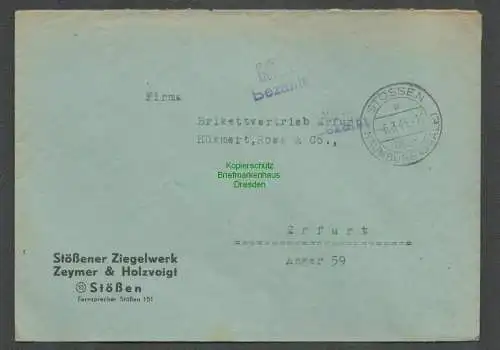 B6121 Brief SBZ Gebühr bezahlt 1946 Stössen über Namburg Saale Ziegelwerk nach