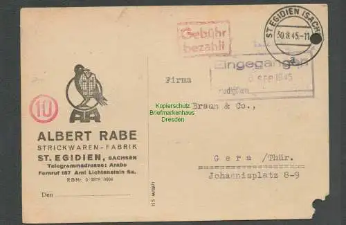 B6194 Postkarte SBZ Gebühr bezahlt 1945 St. Egidien Strickwaren Fabrik Albert 