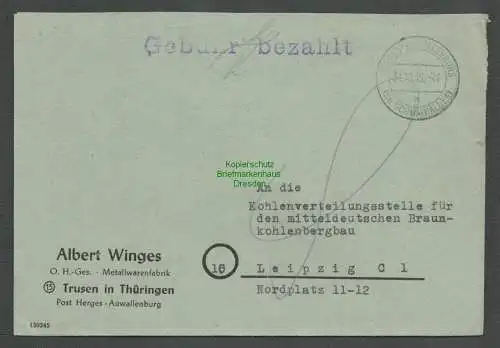 B6174 Brief SBZ Gebühr bezahlt 1945 Trusen in Thüringen Herges-Auwallenburg