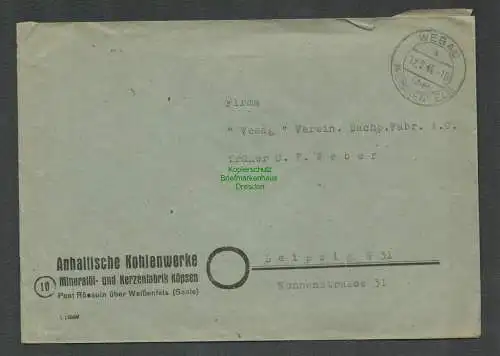 B6138 Brief SBZ Gebühr bezahlt 1946 Webau ü. Weissenfels Anhaltische Kohlenwerke