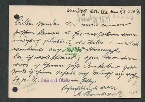 B6067 Postkarte SBZ Gebühr bezahlt 1945 Ottendorf-Okrilla Dresden nach Chemnitz