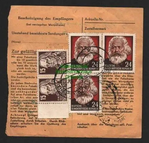 B7094 DDR Paketkarte 2x 331 va Pausitz über Wurzen Land + 5x 349 II Y II Mi 250