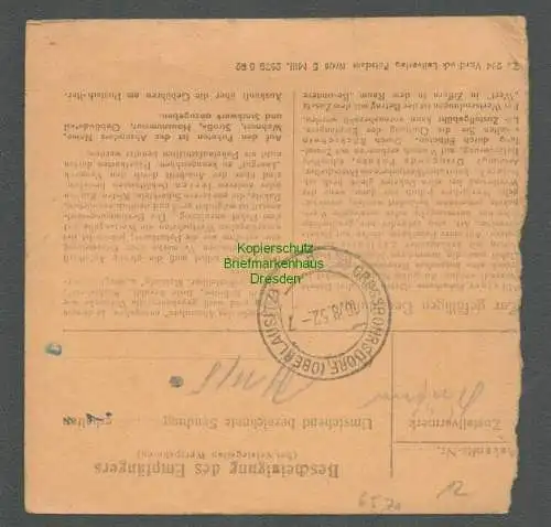 B6570 DDR Paketkarte 1952 markenlos Gebühr bez. Leipzig n Großröhrsdorf