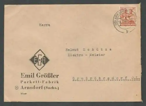 B6731 Brief Arnsdorf Sachs. Emil Größler Parkett Fabrik 1947