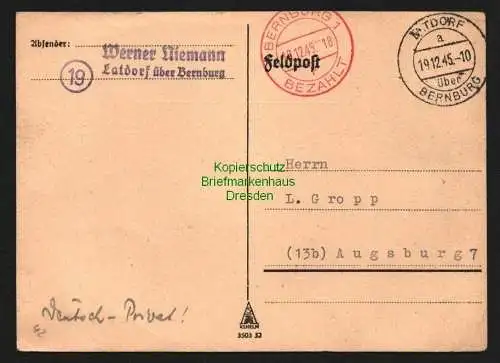 B8323 SBZ Gebühr bezahlt 1945 Latdorf über Bernburg nach Augsburg