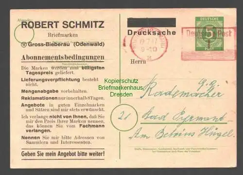 B7819 Ganzsache Frankfurt Main 1947 Vorgedruckter Text + Drucksache ABO Bedingun