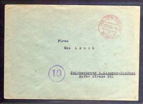 B789 SBZ Brief Gebühr bezahlt 1945 Thalheim Erzgeb.