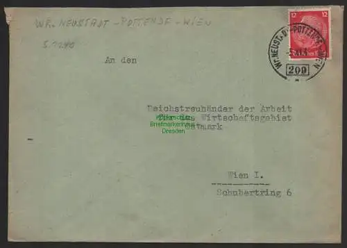 B8874 DR Brief Bahnpost Wr. Neustadt Pottendorf Wien 1940 Ostmark