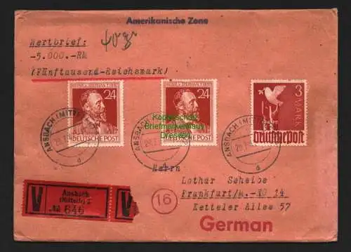 B8541 Wertbrief Ansbach 1947 Alliierte Besetzung 961 + 2x 963 Siegel Frankfurt