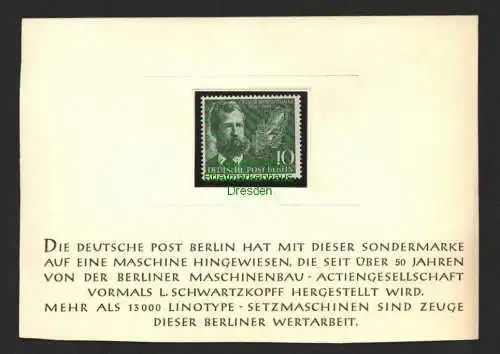 B8670 Berlin 117 Ottmar Mergenthaler ** auf Geschenkkarte m anlassbezogenem Text