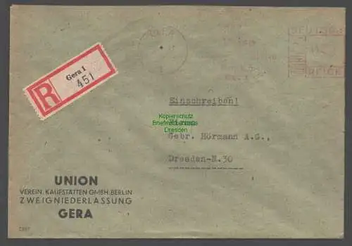 B9353 R-Brief Gebr. Hörmann A.-G. Gera 1  1943 UNION Verein. Kaufstätten GMBH