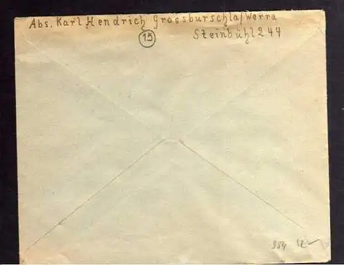 B954 SBZ Brief Gebühr bezahlt 1946 Großburschla Treffurt an Zentrale Suchkartei