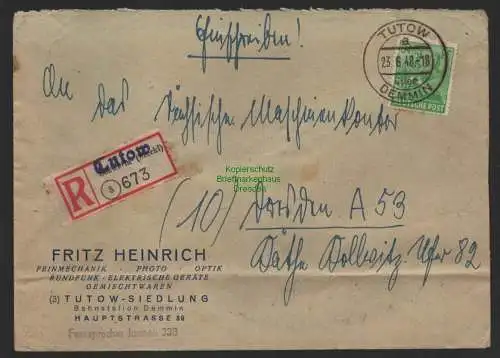 B9967 Brief SBZ Letztag vor Währungsreform 23.6. 1948 Einschreiben Tutow Demmin