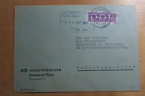DDR Aufdruck Kontrollzahlen 1514 Plauen Vogtl. ZKD 15 Brief HO Industriewaren an