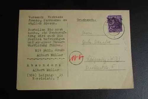 Drucksache mit Antwortkarte Bezirkshandstempel Bezirk 27 Leipzig 33 2.7.48