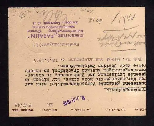 h2018 Handstempel Bezirk 41 Zwickau auf Postkartenteil 6.7.48