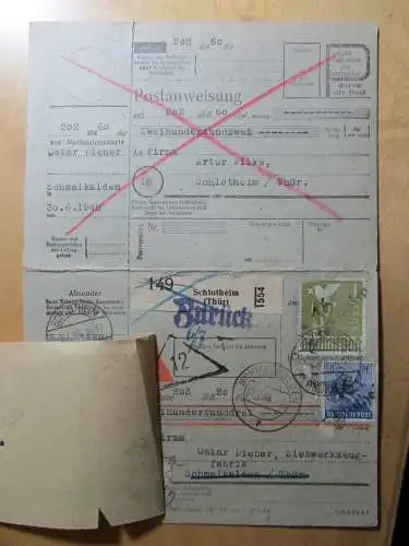 h1972 Handstempel Bezirk 16 Schlotheim 1.7. Nachnahme Paketkarte mit anhängender