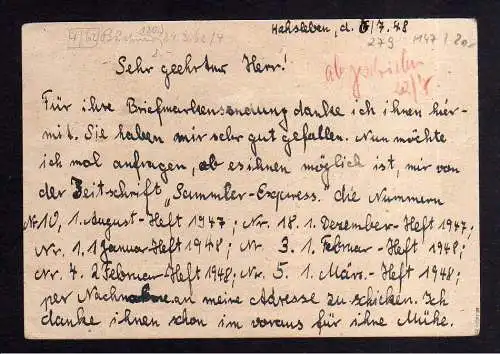h279 Postkarte Handstempel Bezirk 36 Templin 6.7.48 Zeitungsbestellung