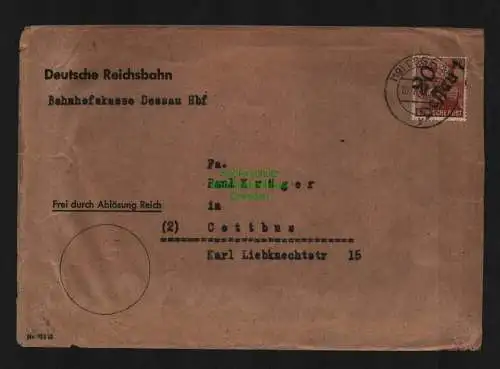 h3949 SBZ Bezirkshandstempel Bezirk 20 Brief Deutsche Reichsbahn Dessau Letzttag