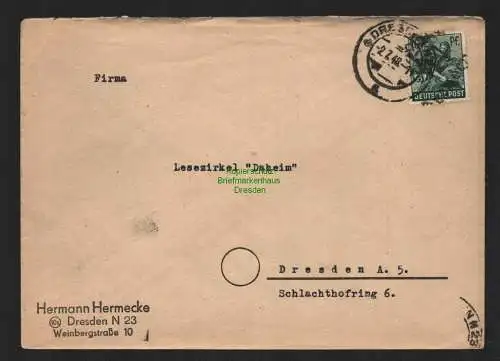 h4496 SBZ Bezirkshandstempel Bezirk 14 Ortsbrief Dresden 16 Pfg. 2.7. Lesezirkel