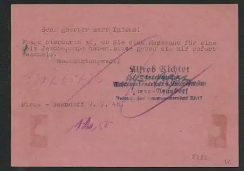 h5282 SBZ Währungsreform 1948 Postkarte Gebühr bezahlt Pirna Neundorf 8.7.48